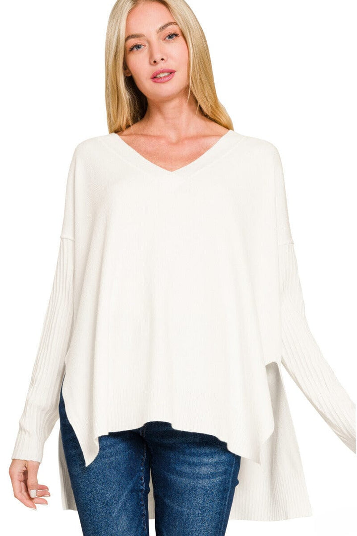 Zenana Ribbed Sleeves V-Neck Viscose Sweater