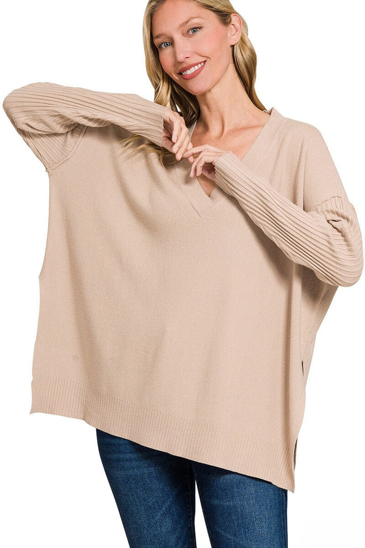 Zenana Ribbed Sleeves V-Neck Viscose Sweater