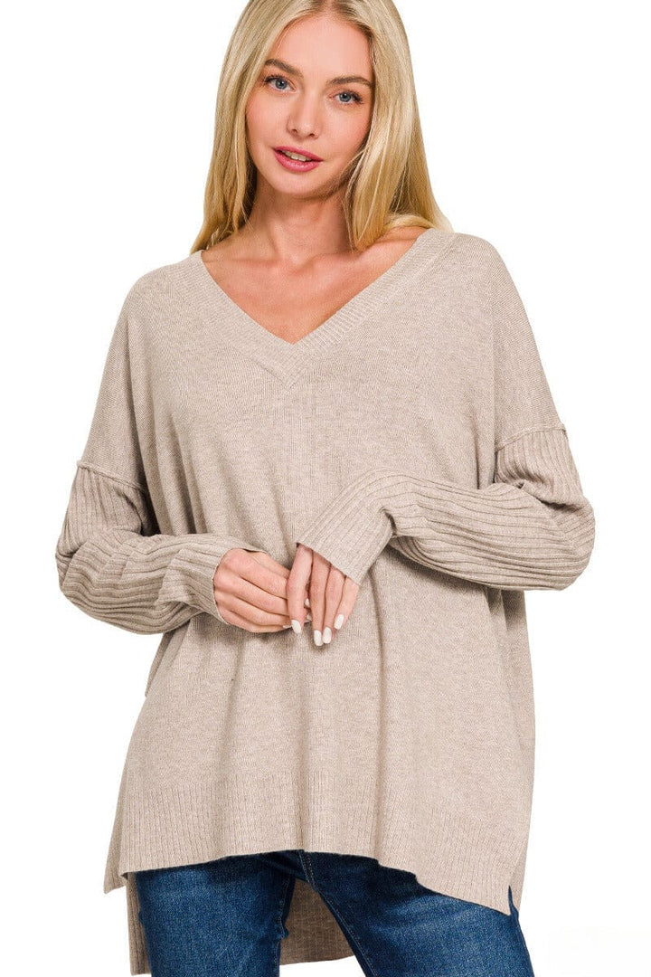 Zenana Ribbed Sleeves V-Neck Viscose Sweater