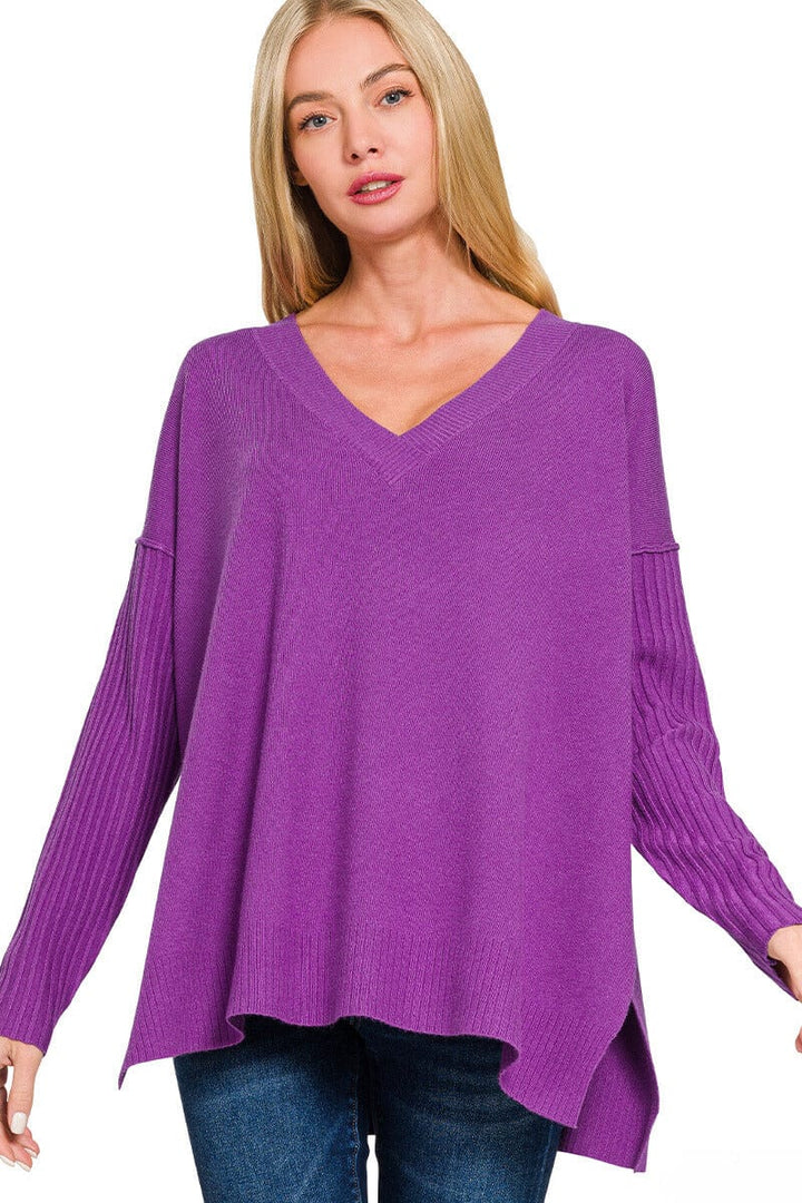 Zenana Ribbed Sleeves V-Neck Viscose Sweater