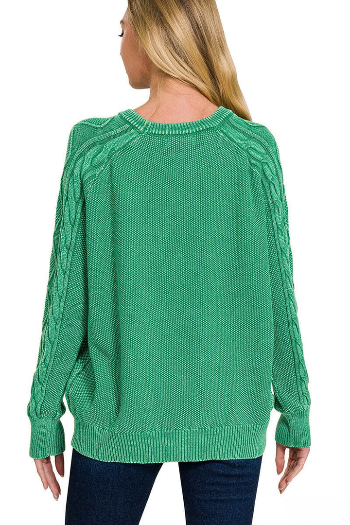 Zenana Stone Washed Cable Knit Sleeve Crewneck Sweater