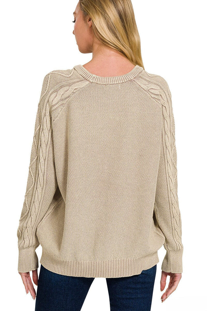 Zenana Stone Washed Cable Knit Sleeve Crewneck Sweater