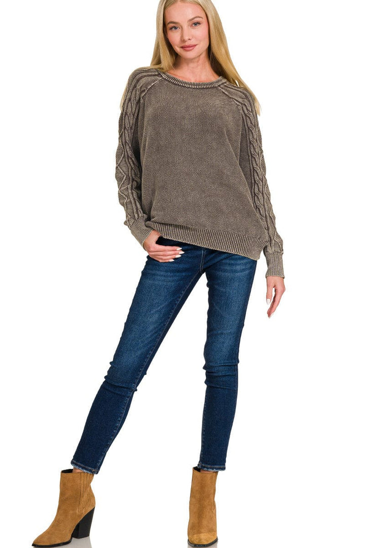 Zenana Stone Washed Cable Knit Sleeve Crewneck Sweater