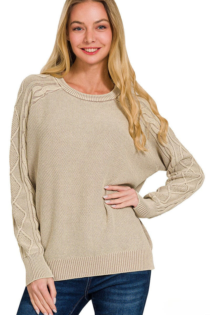 Zenana Stone Washed Cable Knit Sleeve Crewneck Sweater