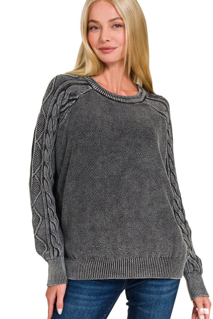 Zenana Stone Washed Cable Knit Sleeve Crewneck Sweater