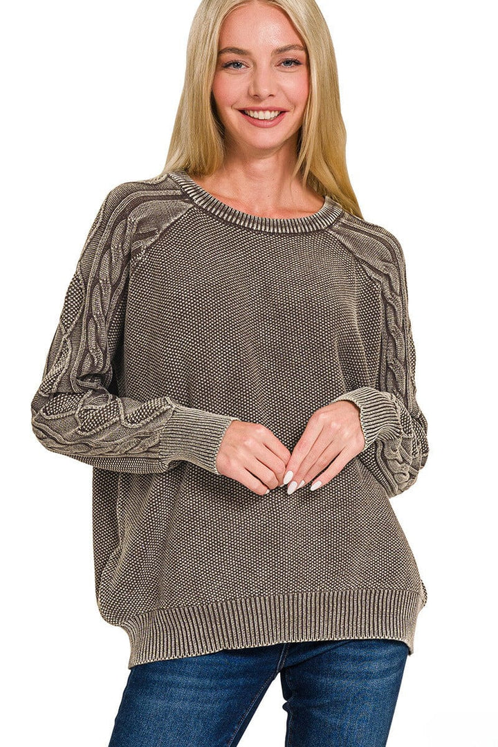 Zenana Stone Washed Cable Knit Sleeve Crewneck Sweater