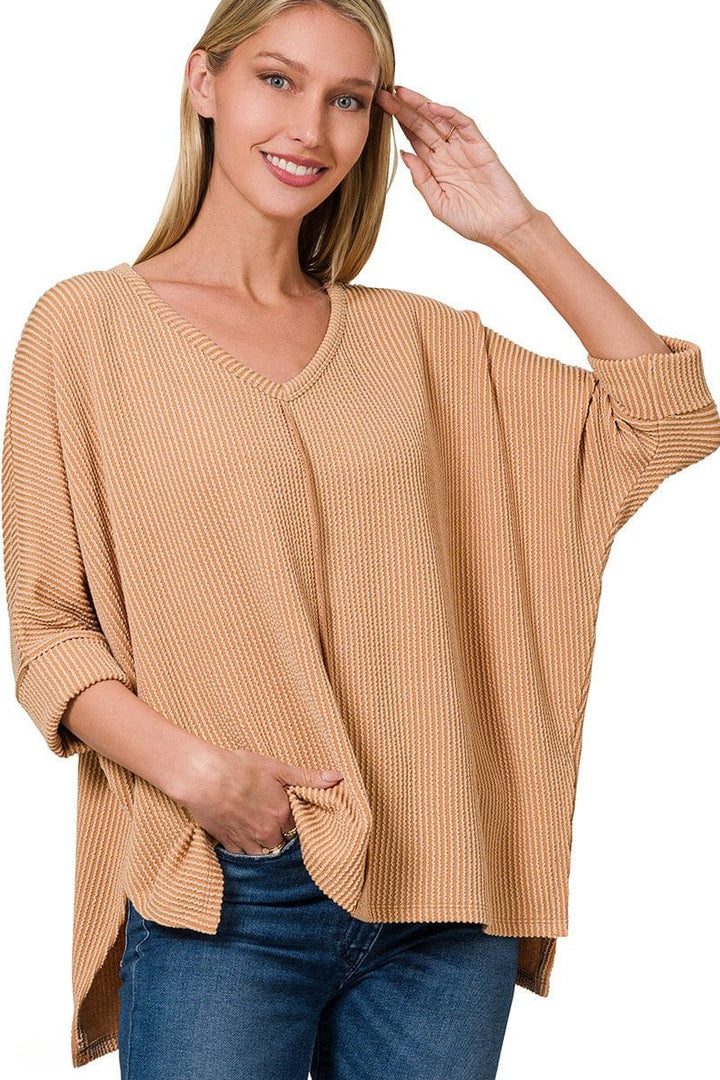 Zenana Textured Hi-Low Hem Folded Sleeve V-Neck Top