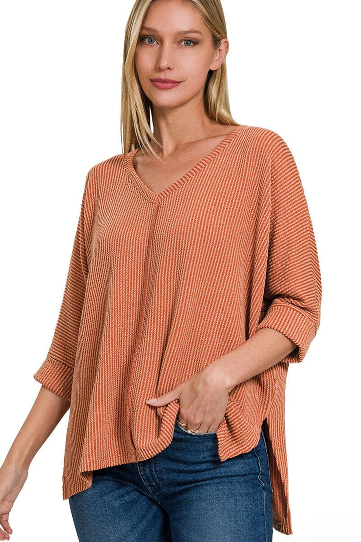 Zenana Textured Hi-Low Hem Folded Sleeve V-Neck Top