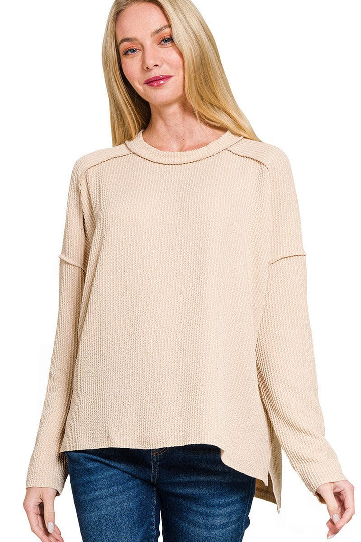 Zenana Textured Line Raw Edge Boat Neck Long Sleeve Top