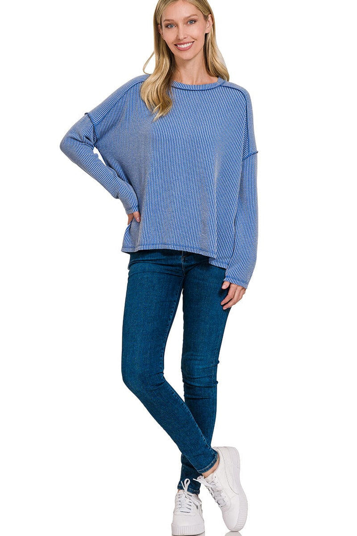 Zenana Textured Line Raw Edge Boat Neck Long Sleeve Top