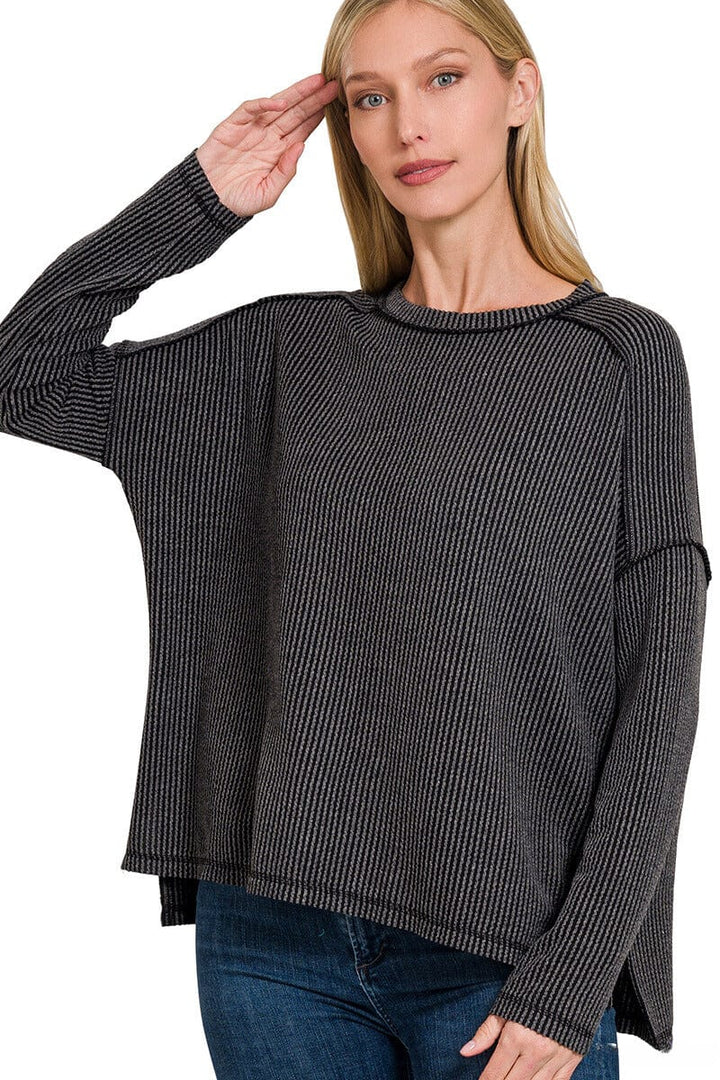 Zenana Textured Line Raw Edge Boat Neck Long Sleeve Top