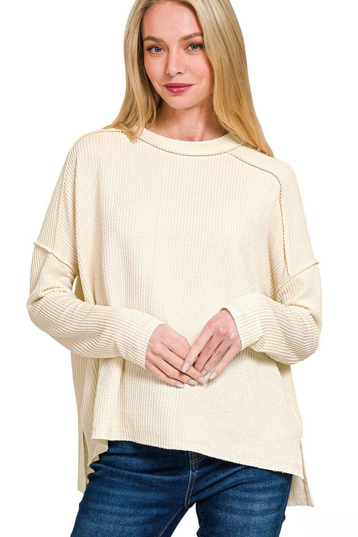 Zenana Textured Line Raw Edge Boat Neck Long Sleeve Top