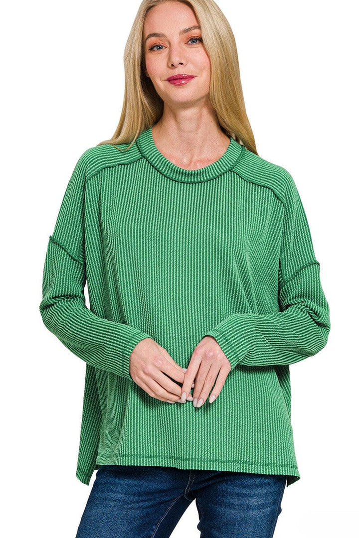 Zenana Textured Line Raw Edge Boat Neck Long Sleeve Top