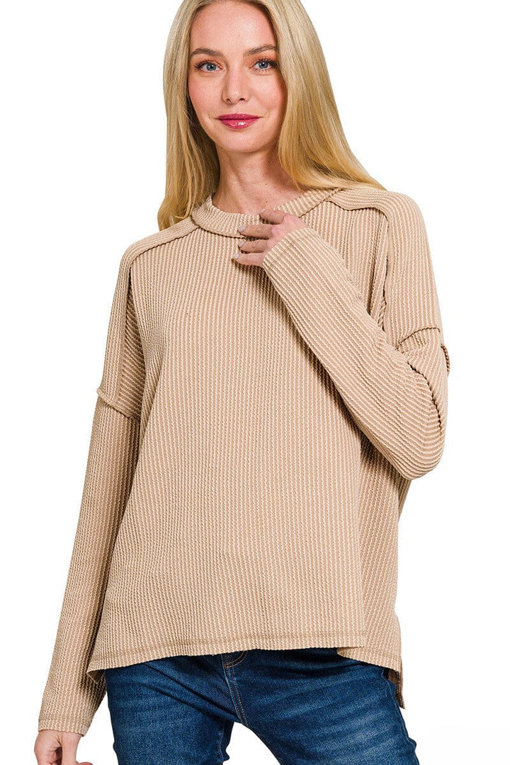 Zenana Textured Line Raw Edge Boat Neck Long Sleeve Top