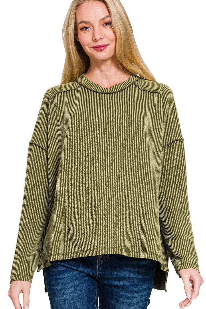 Zenana Textured Line Raw Edge Boat Neck Long Sleeve Top