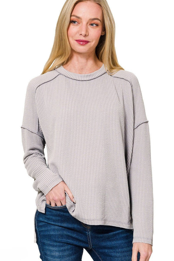 Zenana Textured Line Raw Edge Boat Neck Long Sleeve Top