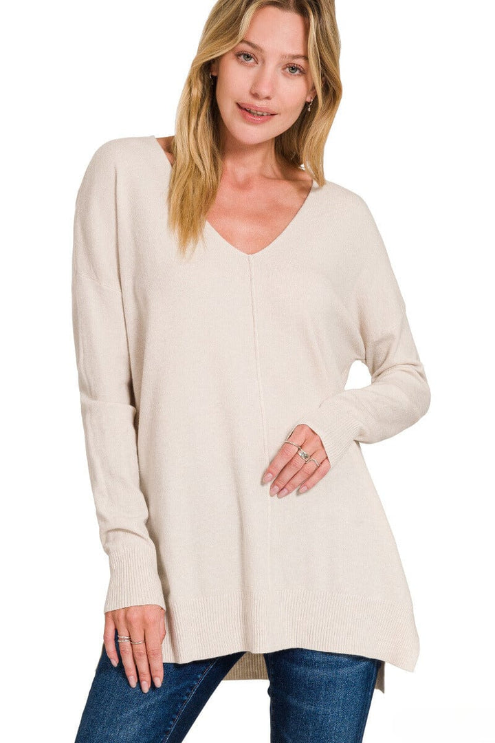 Zenana Viscose Front Seam V-Neck Sweater