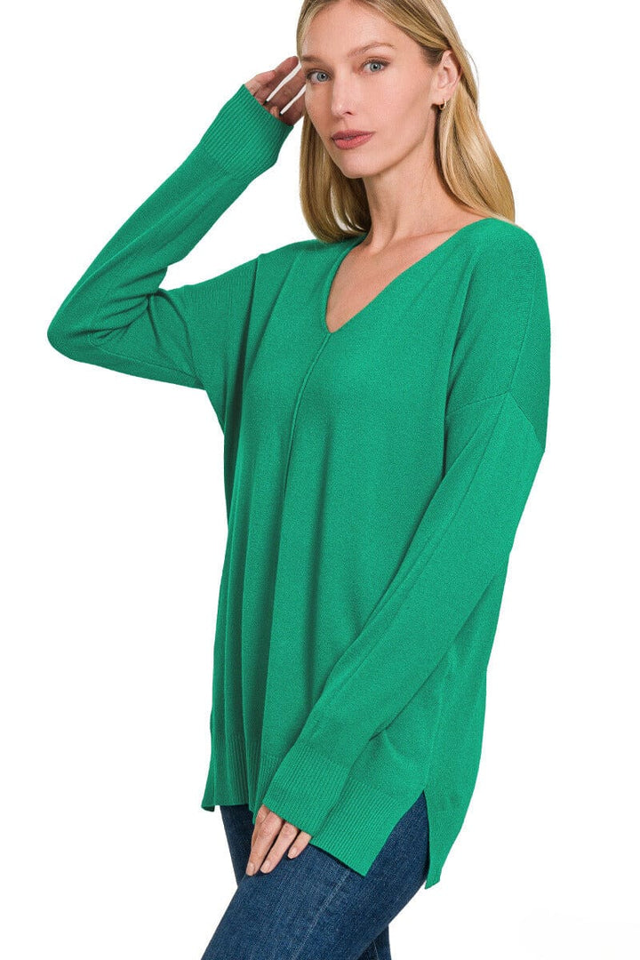 Zenana Viscose Front Seam V-Neck Sweater