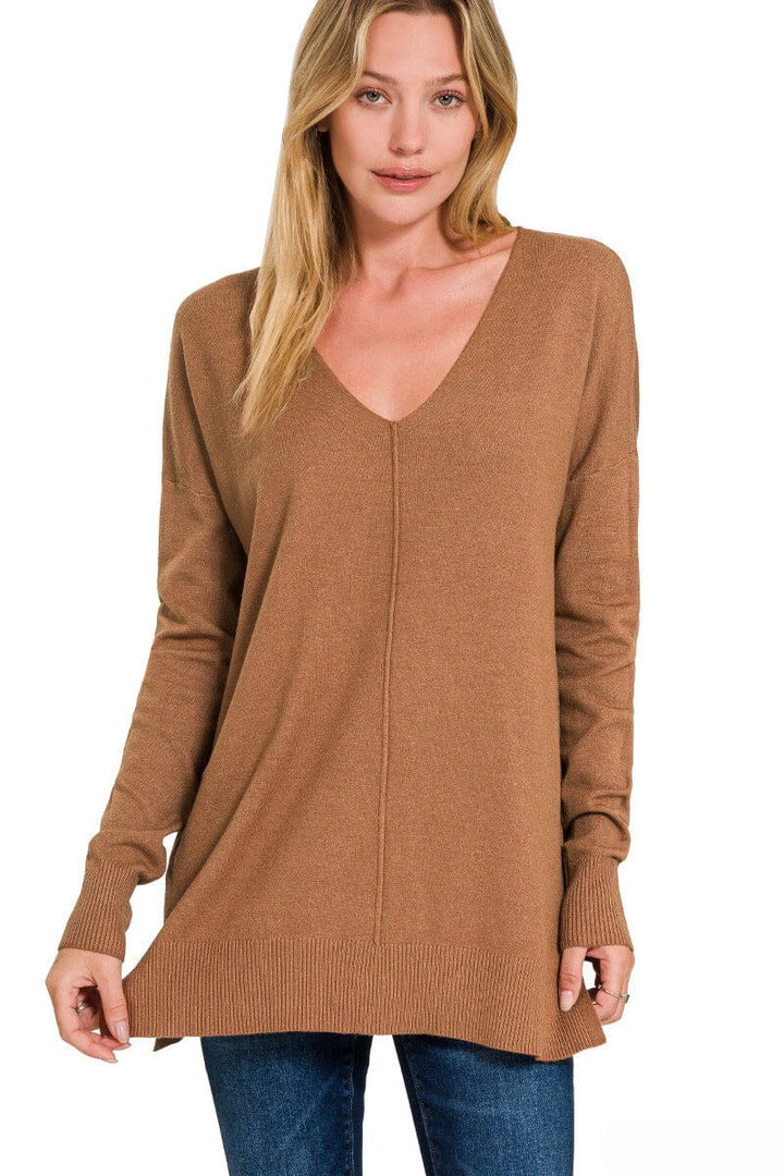 Zenana Viscose Front Seam V-Neck Sweater