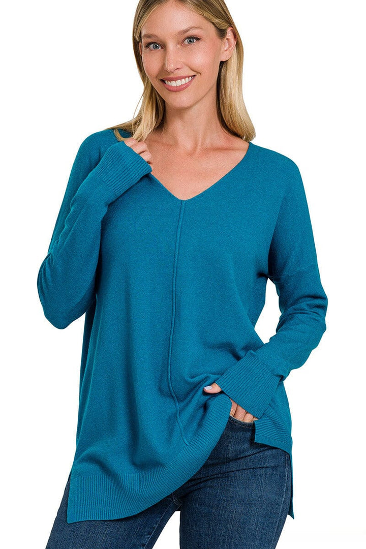 Zenana Viscose Front Seam V-Neck Sweater