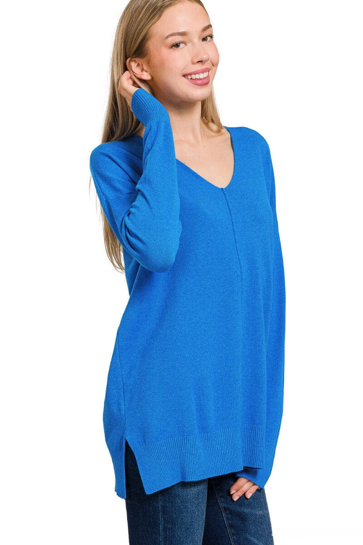 Zenana Viscose Front Seam V-Neck Sweater