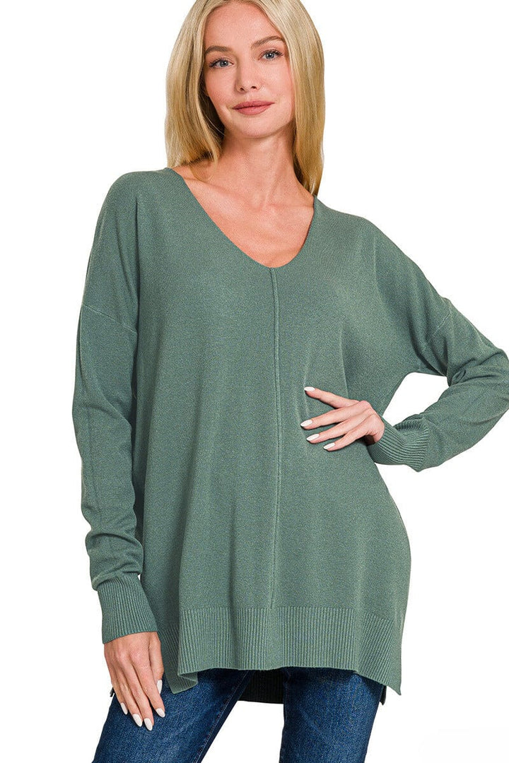 Zenana Viscose Front Seam V-Neck Sweater