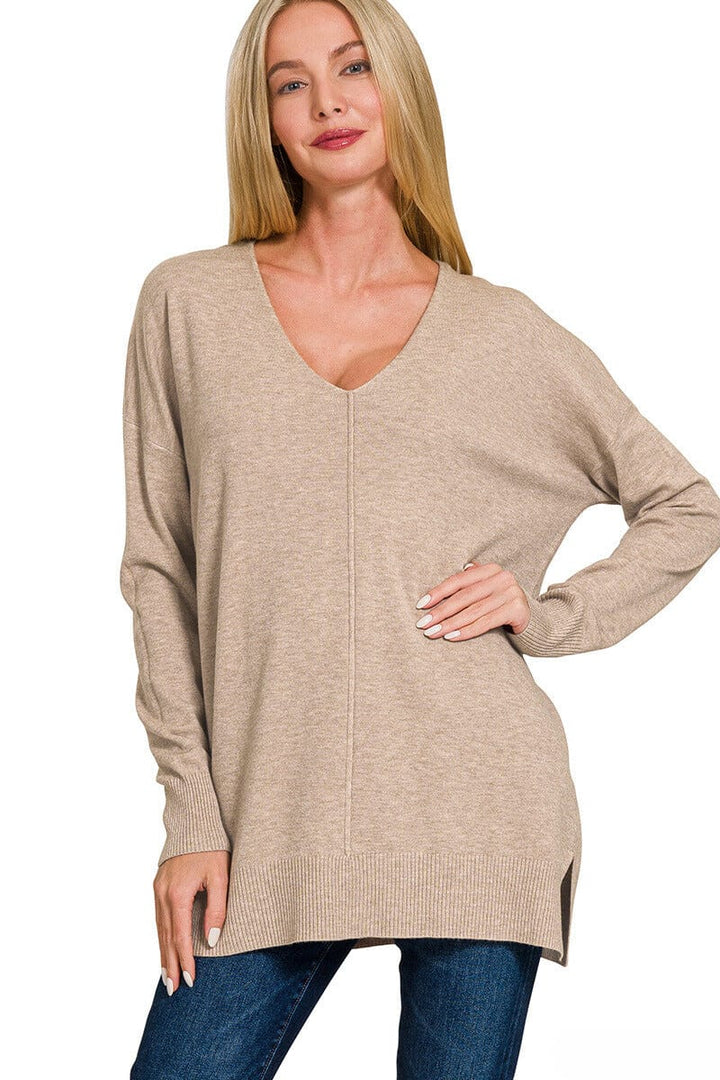 Zenana Viscose Front Seam V-Neck Sweater