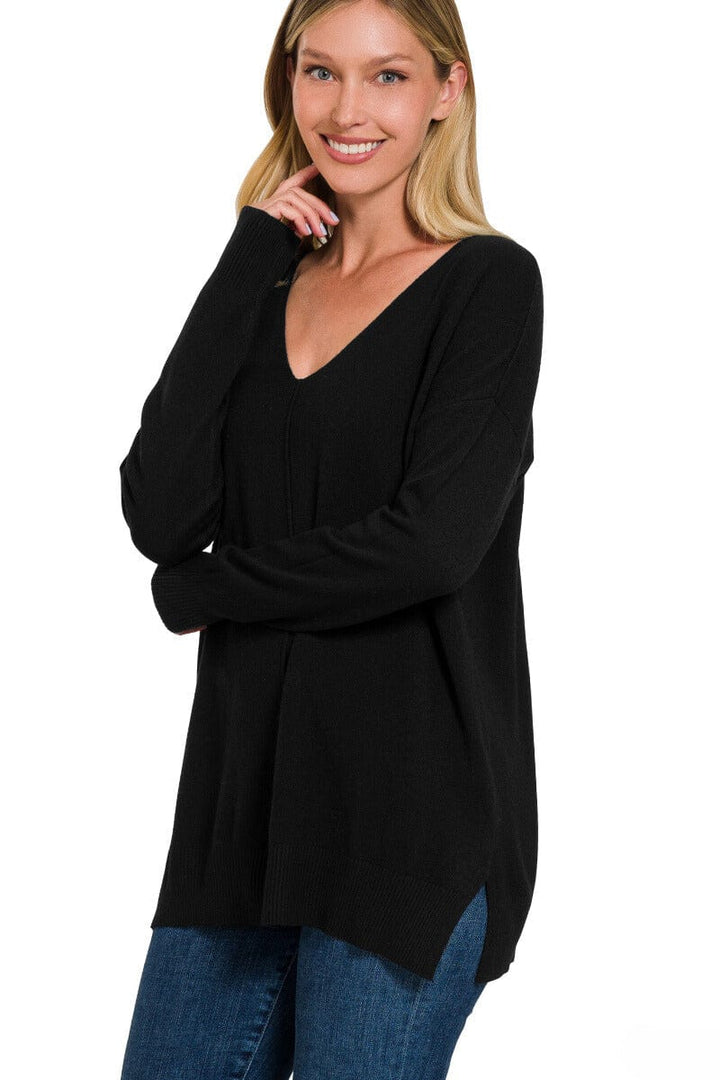 Zenana Viscose Front Seam V-Neck Sweater