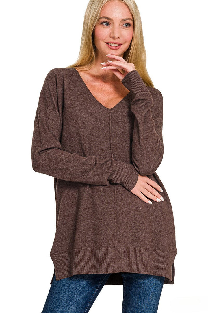 Zenana Viscose Front Seam V-Neck Sweater