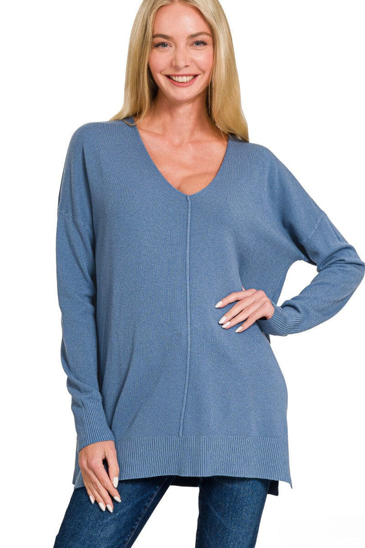 Zenana Viscose Front Seam V-Neck Sweater