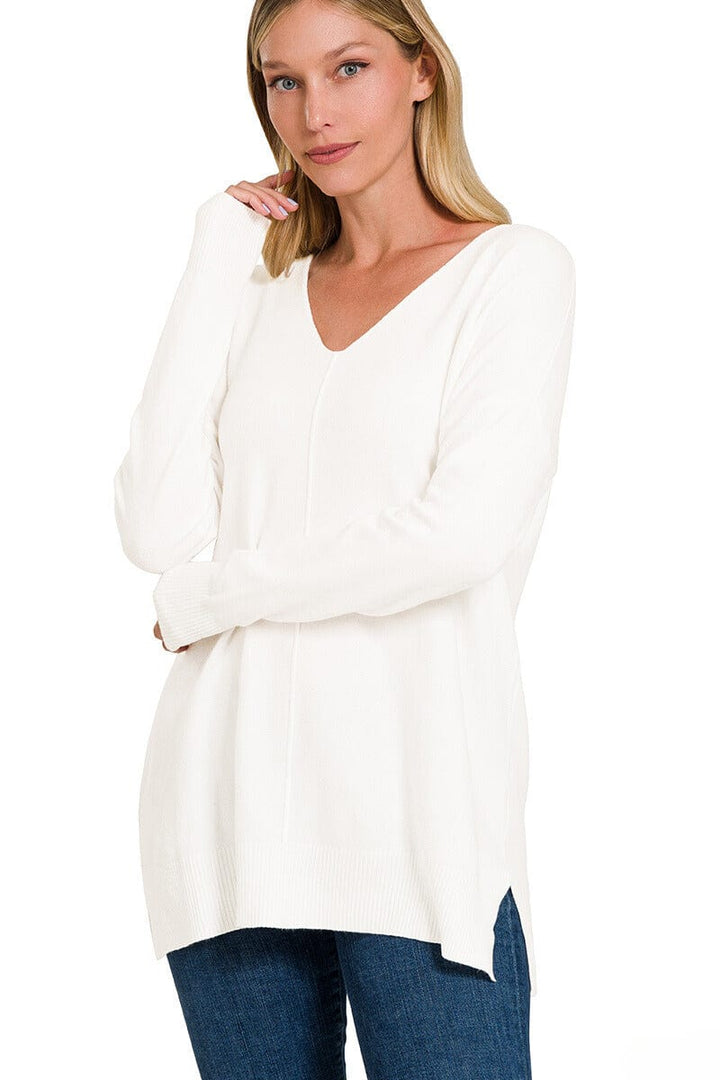 Zenana Viscose Front Seam V-Neck Sweater