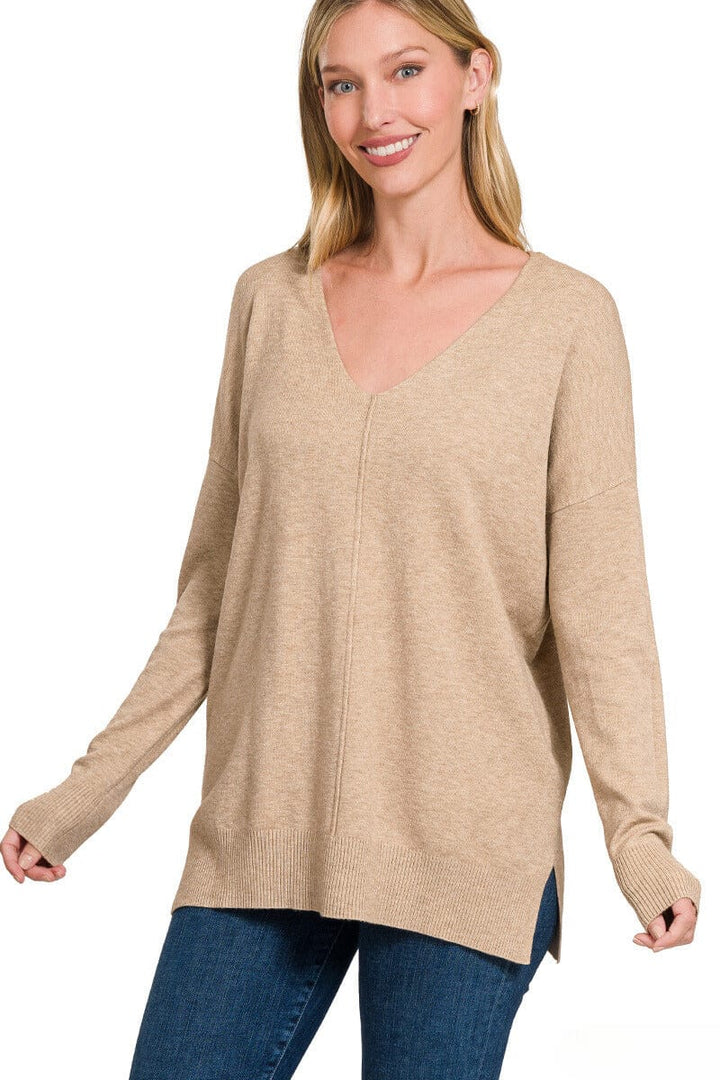 Zenana Viscose Front Seam V-Neck Sweater