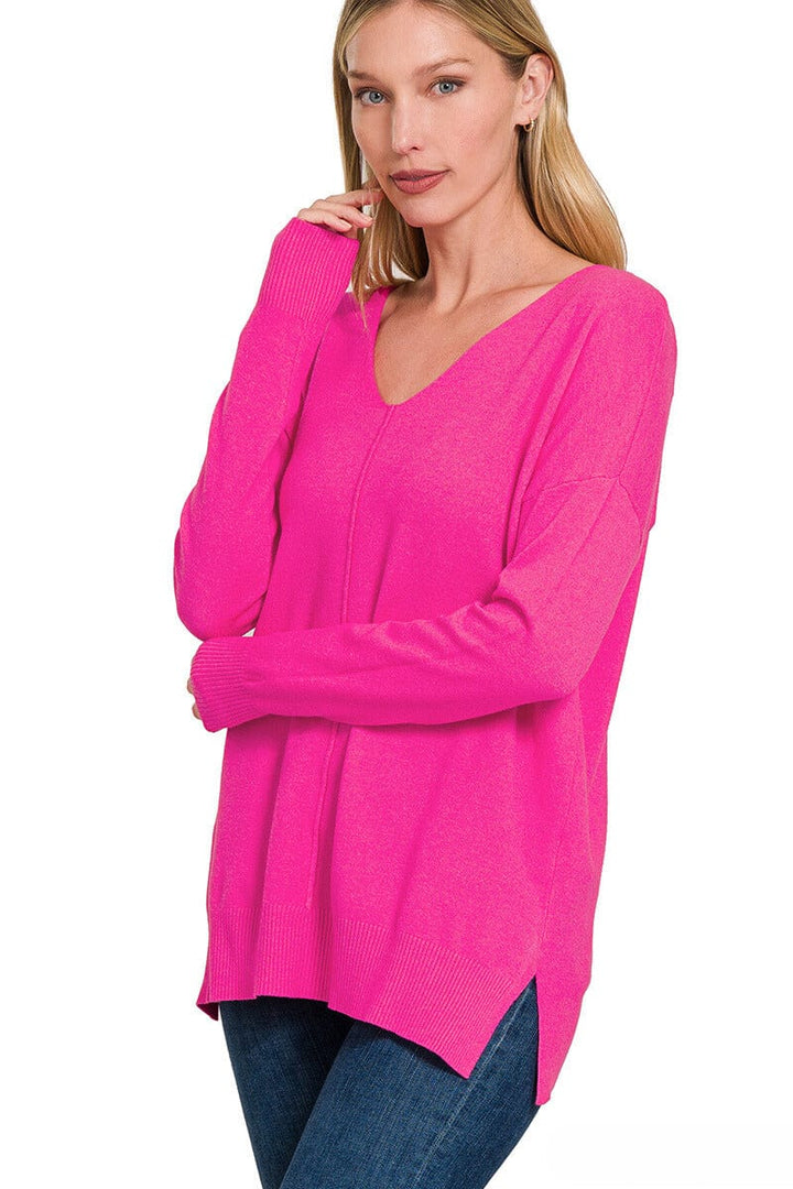 Zenana Viscose Front Seam V-Neck Sweater