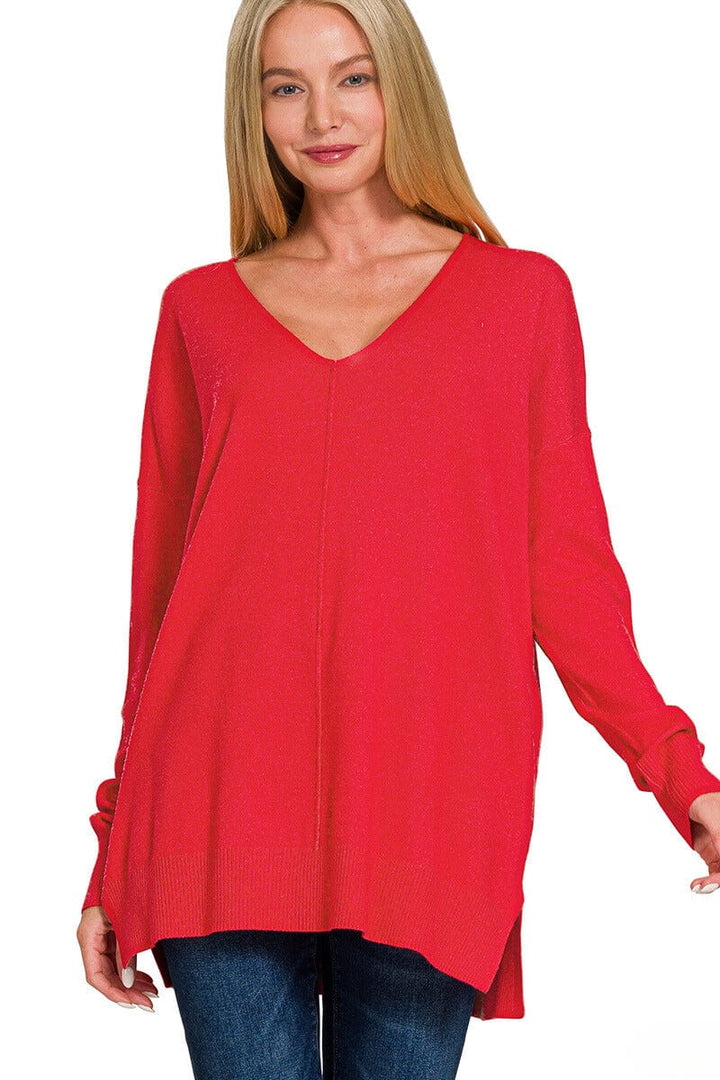 Zenana Viscose Front Seam V-Neck Sweater