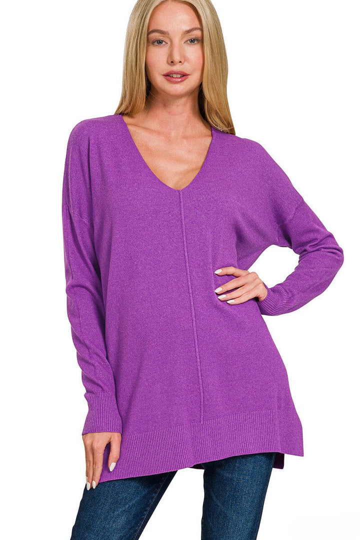 Zenana Viscose Front Seam V-Neck Sweater