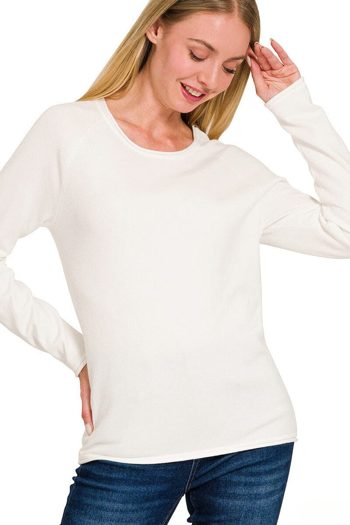 Zenana Viscose Round Neck Basic Sweater with Unfolded Hems