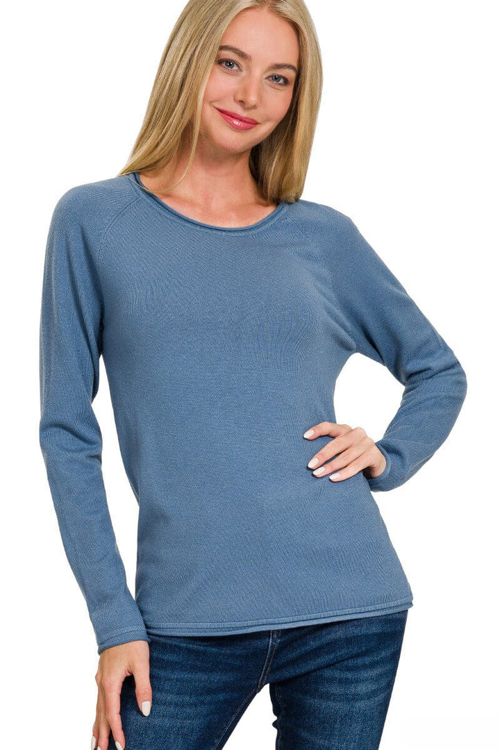 Zenana Viscose Round Neck Basic Sweater with Unfolded Hems