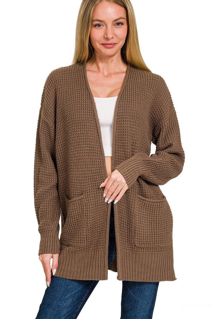 Zenana Waffle Knit Open Cardigan Sweater with Pockets