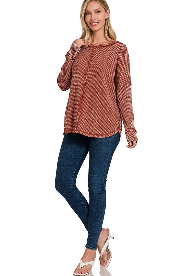 Zenana Washed Baby Waffle Oversized Long Sleeve Top