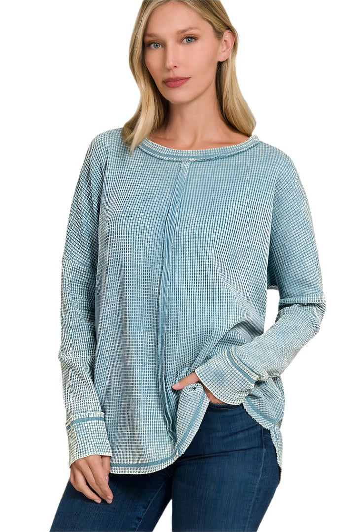 Zenana Washed Baby Waffle Oversized Long Sleeve Top