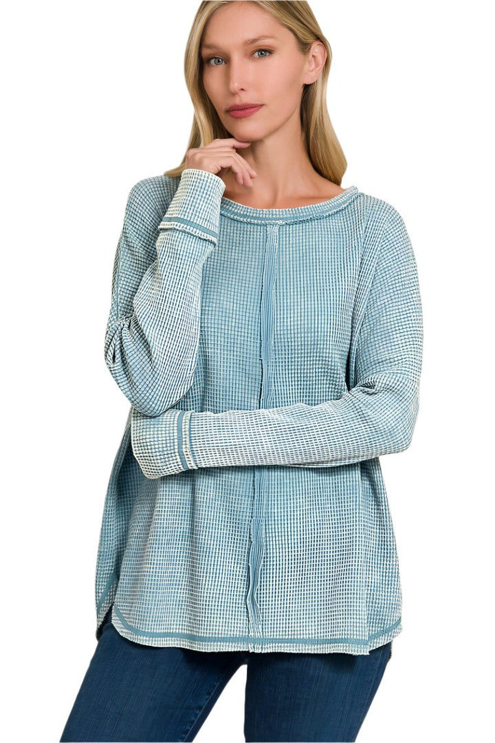 Zenana Washed Baby Waffle Oversized Long Sleeve Top