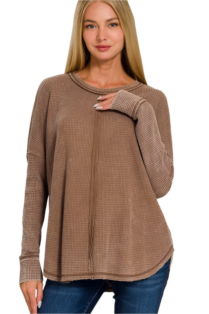 Zenana Washed Baby Waffle Oversized Long Sleeve Top