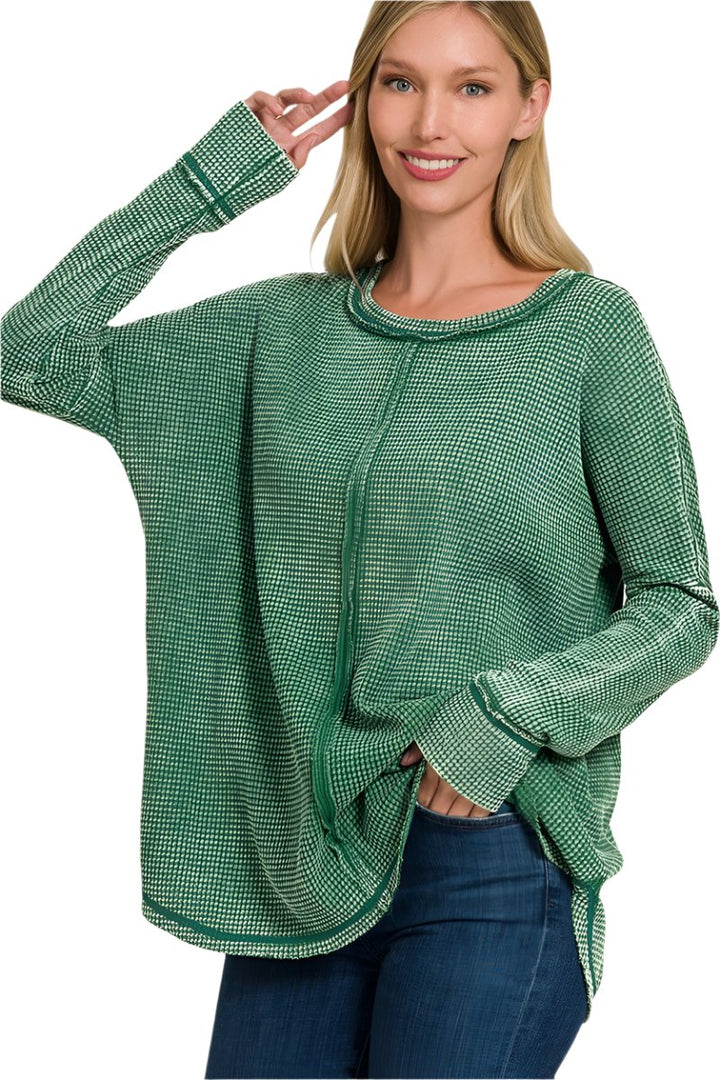 Zenana Washed Baby Waffle Oversized Long Sleeve Top