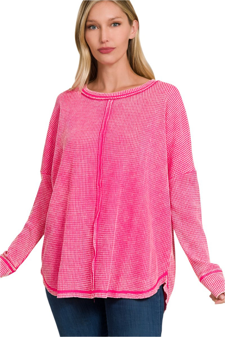 Zenana Washed Baby Waffle Oversized Long Sleeve Top