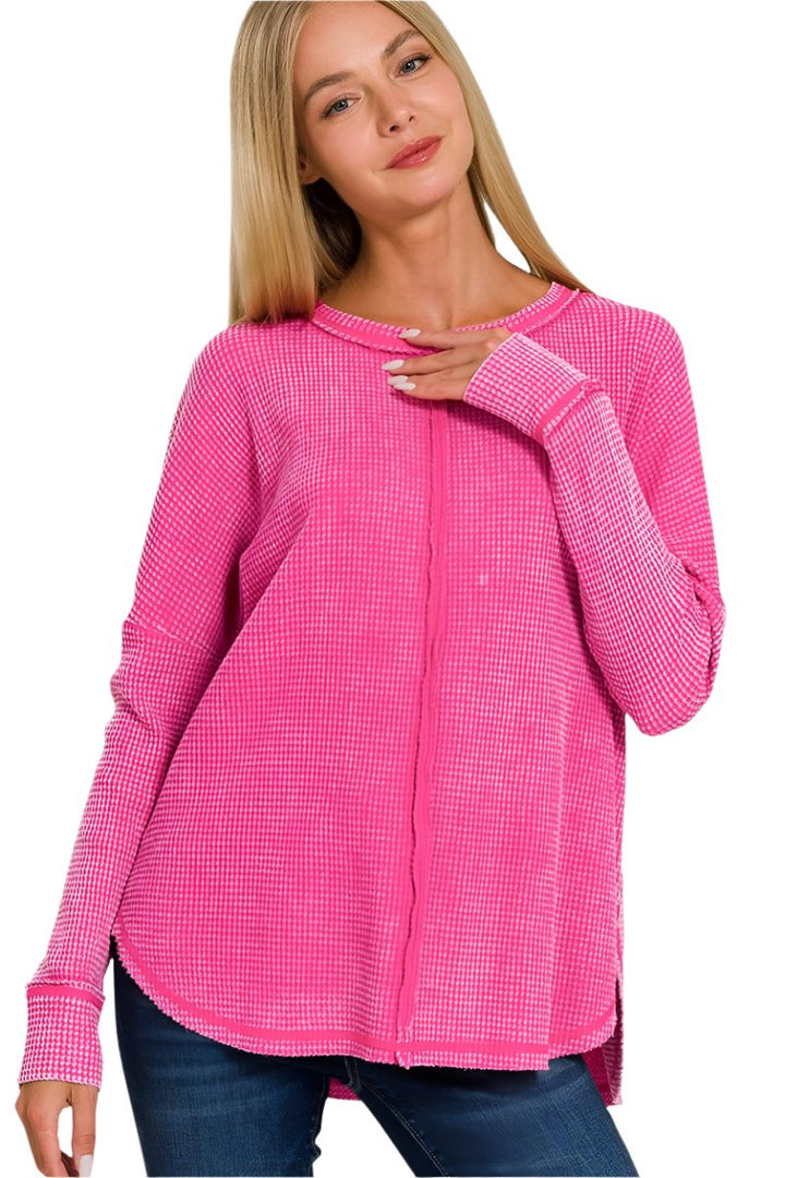 Zenana Washed Baby Waffle Oversized Long Sleeve Top