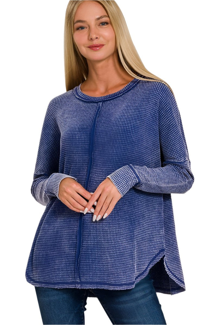 Zenana Washed Baby Waffle Oversized Long Sleeve Top