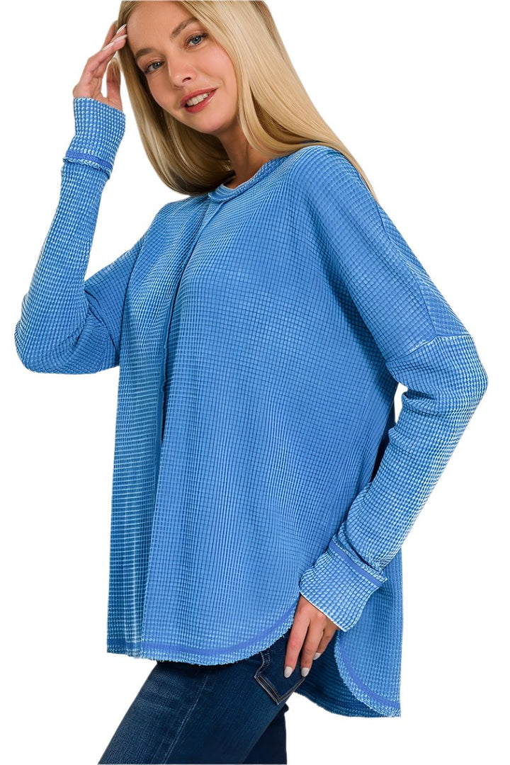 Zenana Washed Baby Waffle Oversized Long Sleeve Top