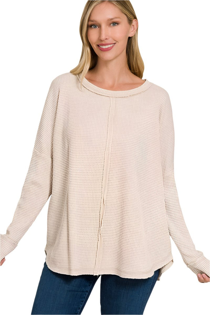 Zenana Washed Baby Waffle Oversized Long Sleeve Top