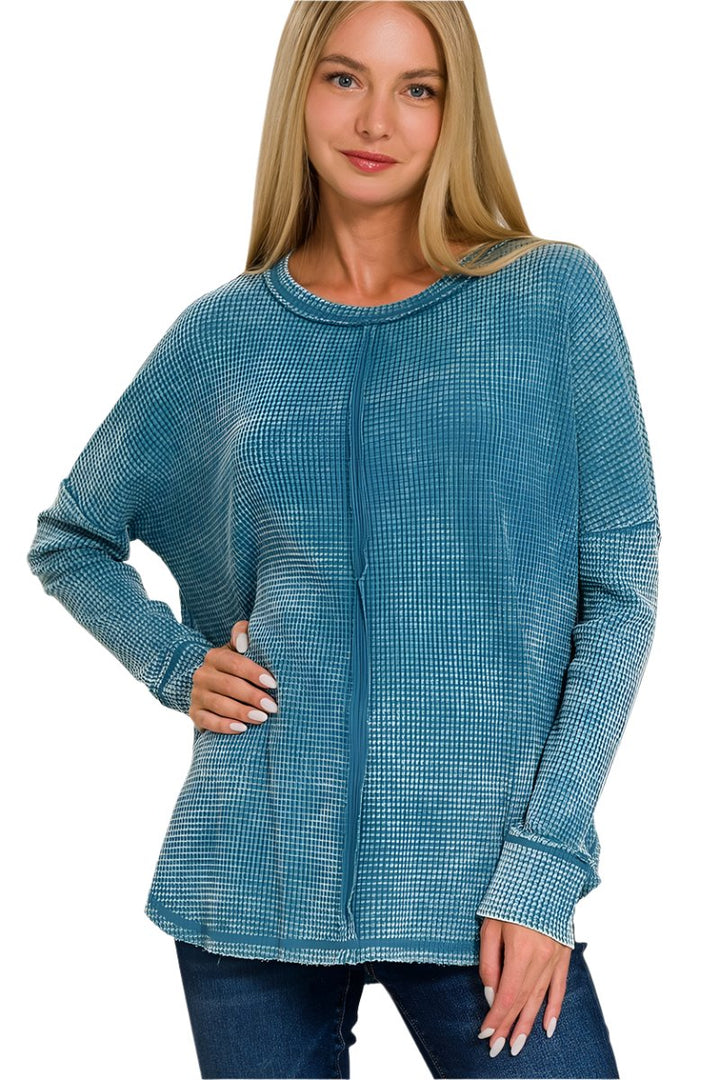 Zenana Washed Baby Waffle Oversized Long Sleeve Top