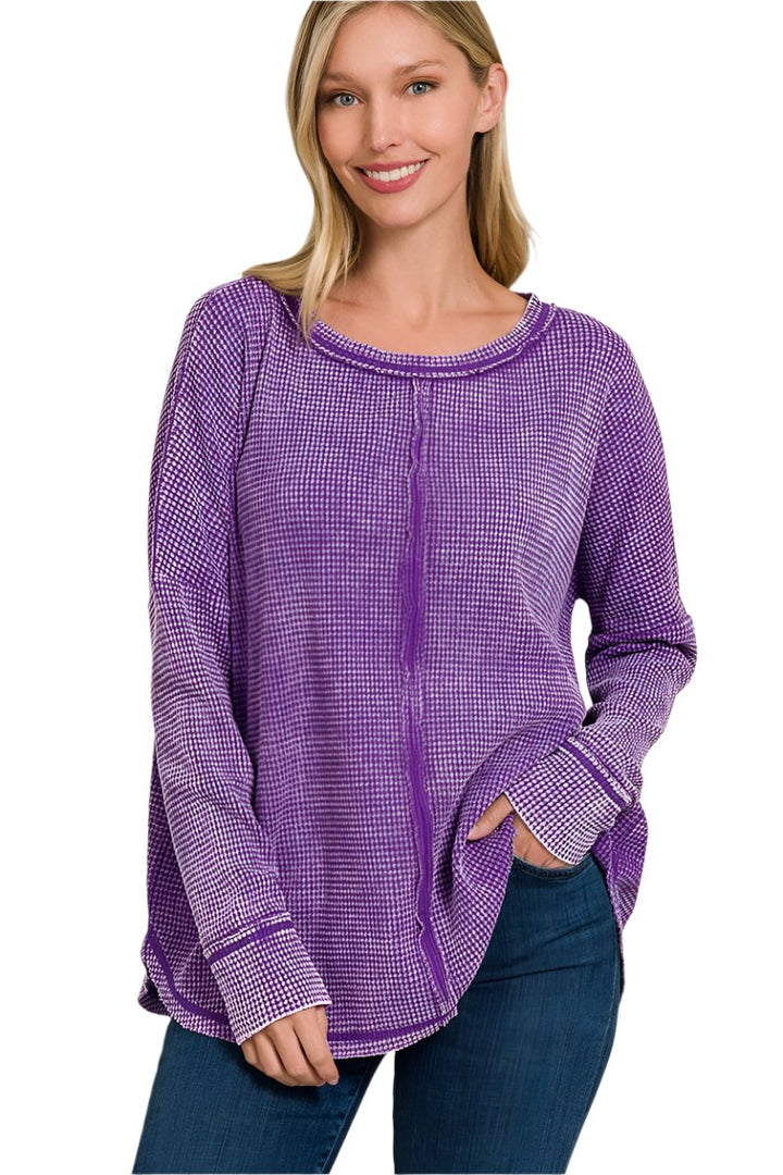 Zenana Washed Baby Waffle Oversized Long Sleeve Top